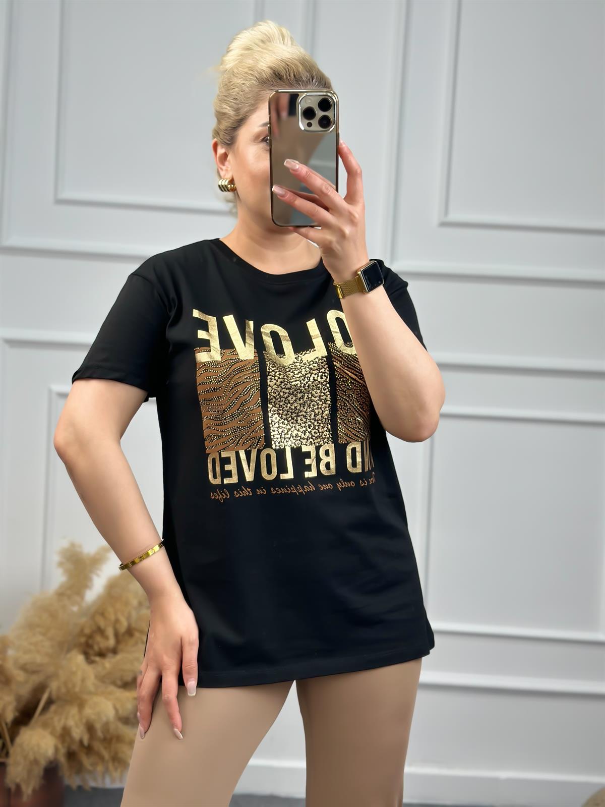 To Love Baskılı Taşlı Tshirt SİYAH