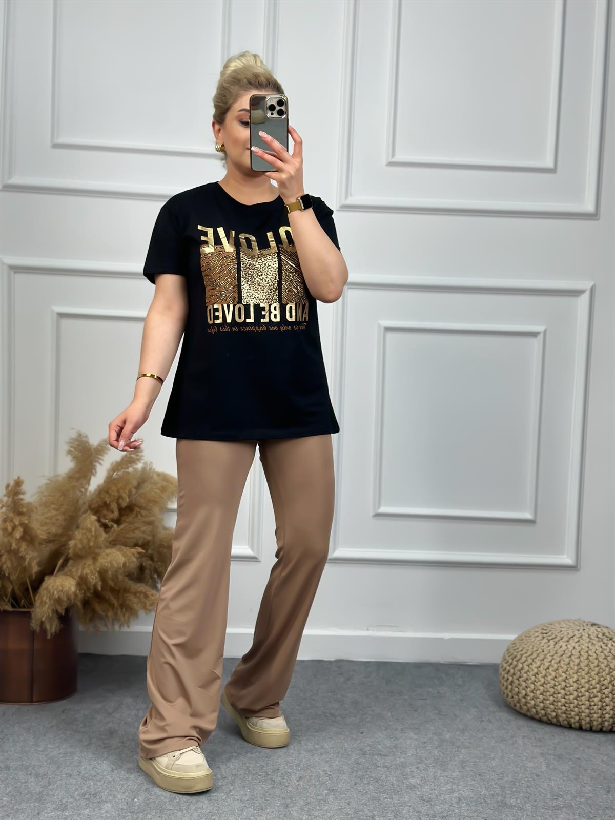 To Love Baskılı Taşlı Tshirt SİYAH