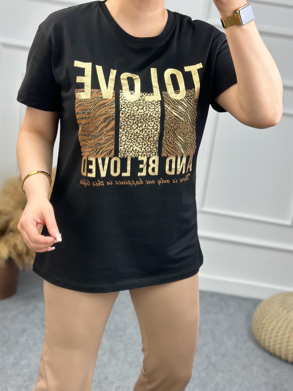 To Love Baskılı Taşlı Tshirt SİYAH