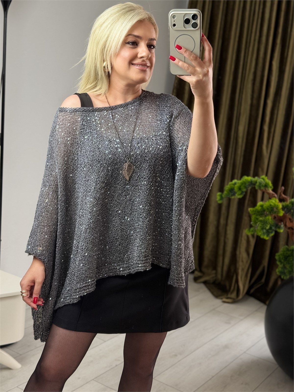 Transparan Kayık Yaka Panço ANTRASİT