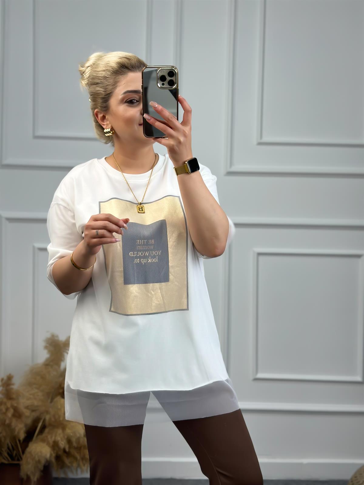 Tüllü Varaklı Tshirt BEJ