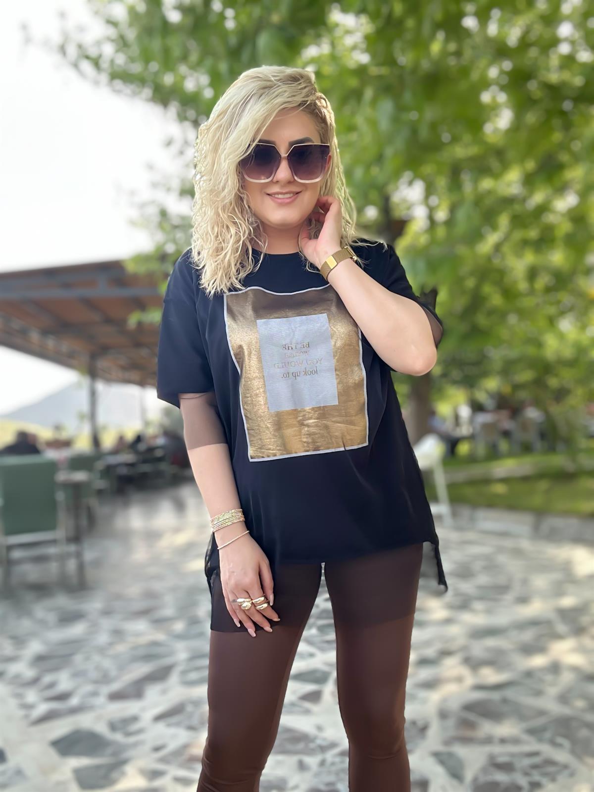 Tüllü Varaklı Tshirt SİYAH