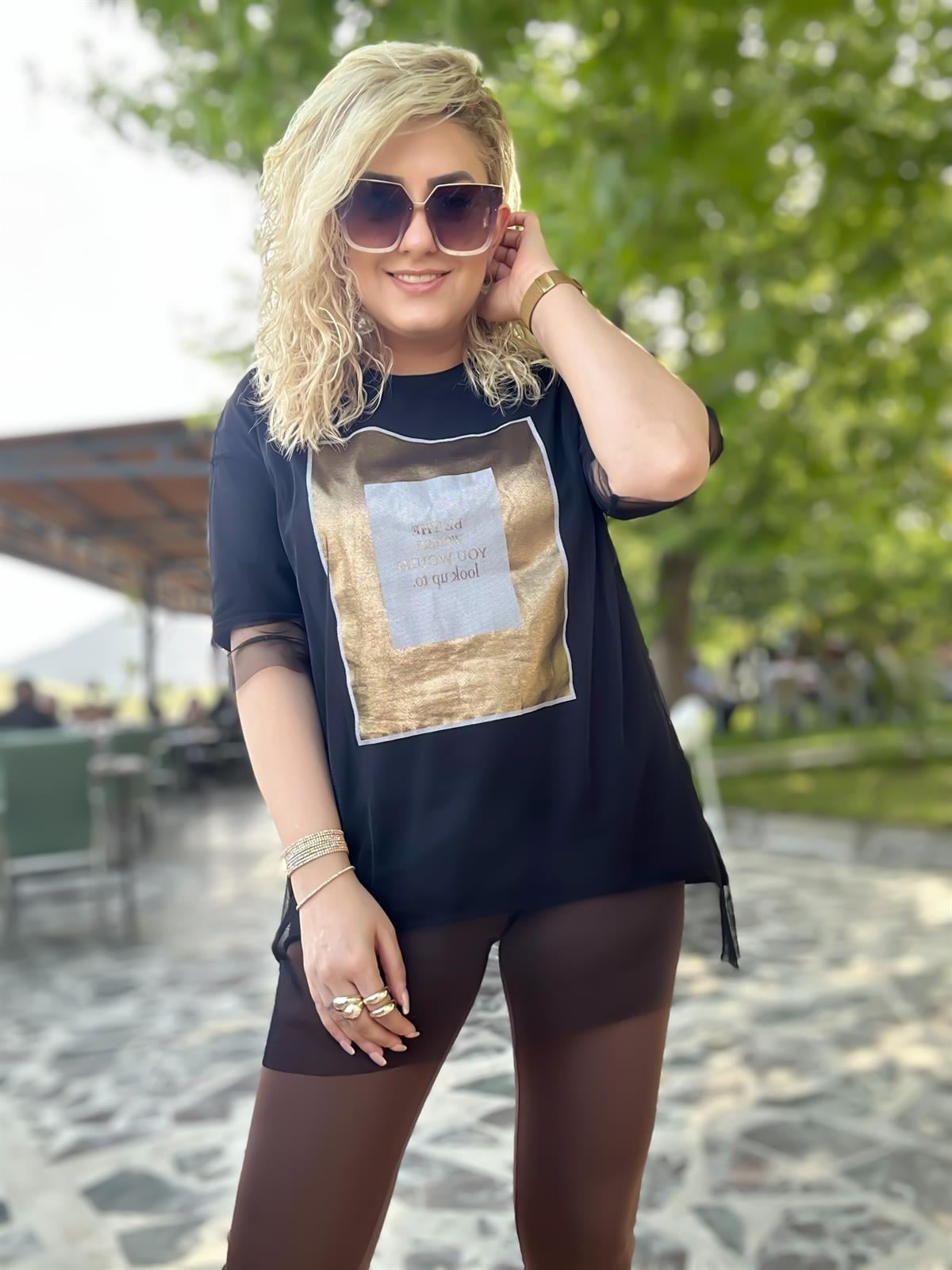 Tüllü Varaklı Tshirt SİYAH