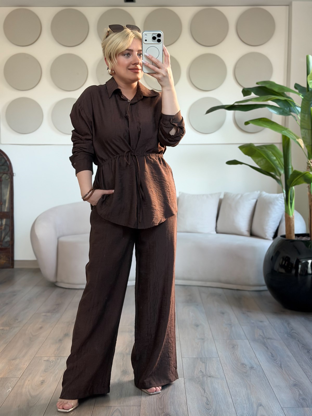 Tünelli Beli Büzgülü Gömlek Pantolon Takım KAHVE