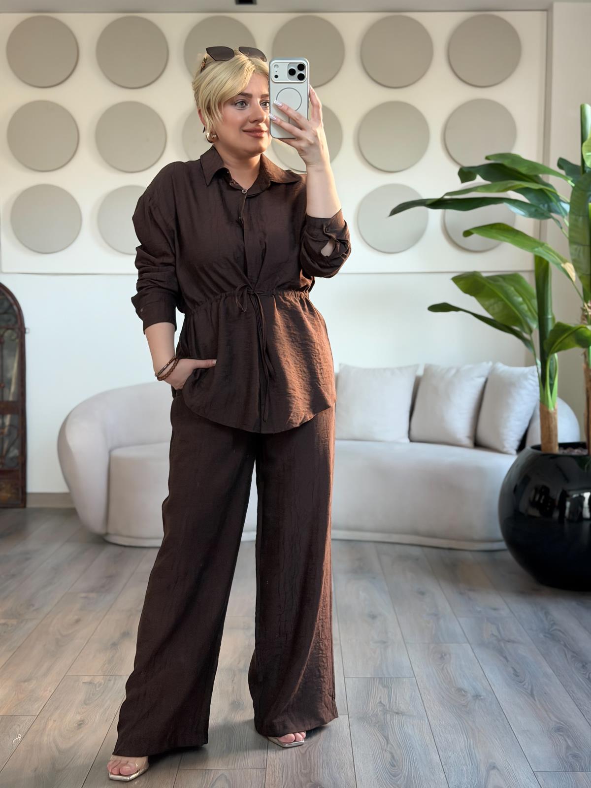 Tünelli Beli Büzgülü Gömlek Pantolon Takım KAHVE