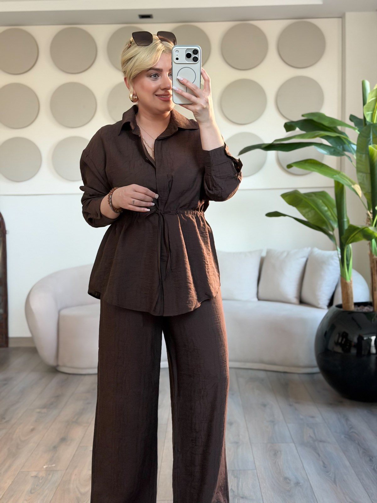 Tünelli Beli Büzgülü Gömlek Pantolon Takım KAHVE