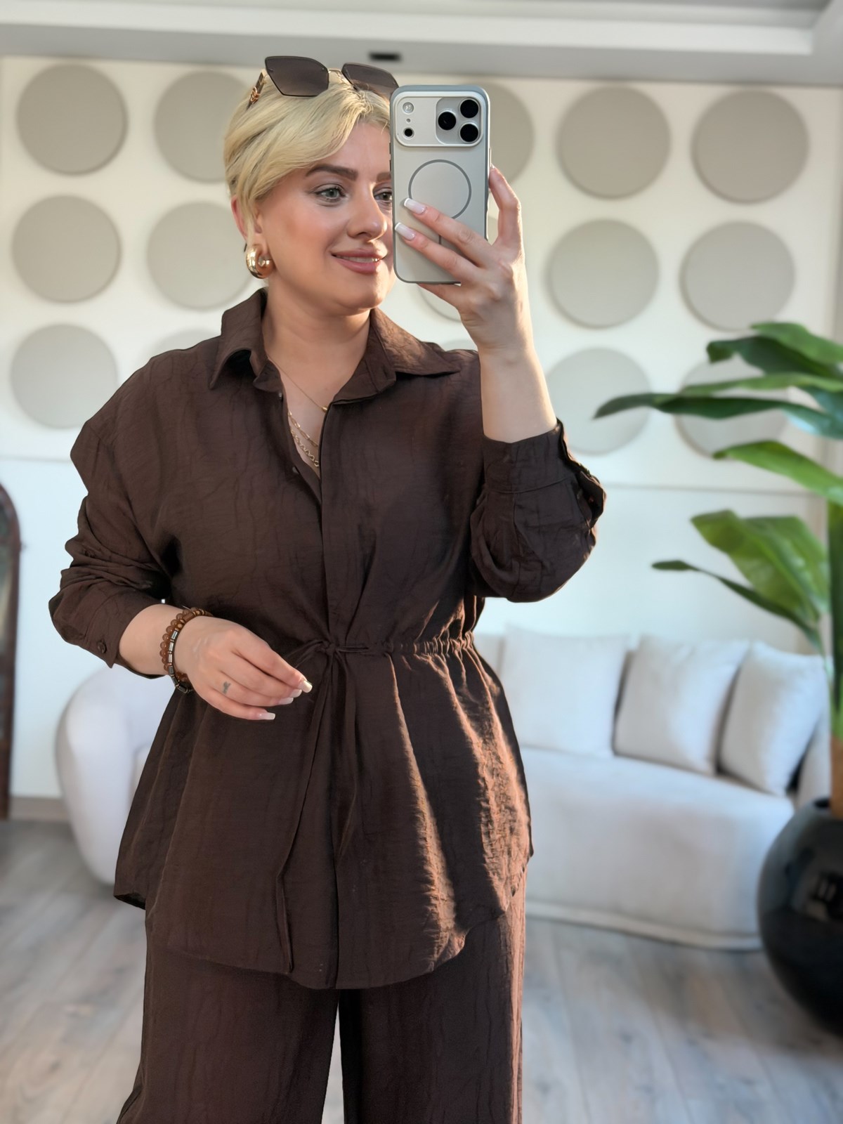 Tünelli Beli Büzgülü Gömlek Pantolon Takım KAHVE