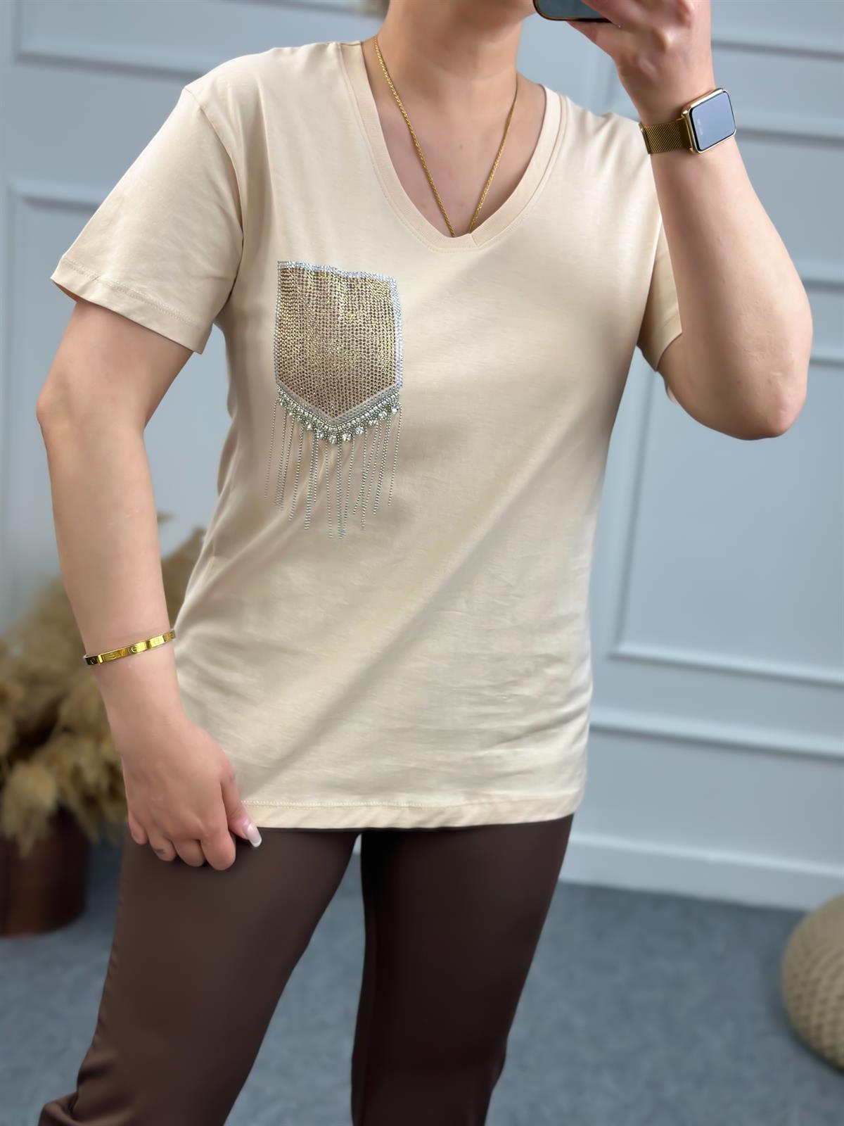 V Yaka Cebi Taşlı Tshirt BEJ