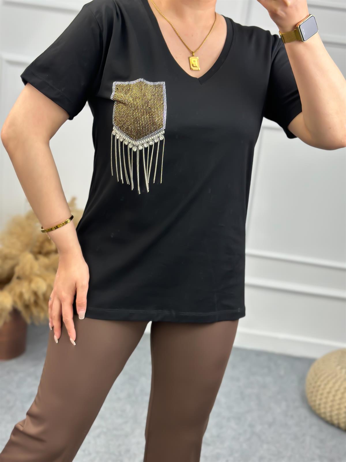 V Yaka Cebi Taşlı Tshirt SİYAH