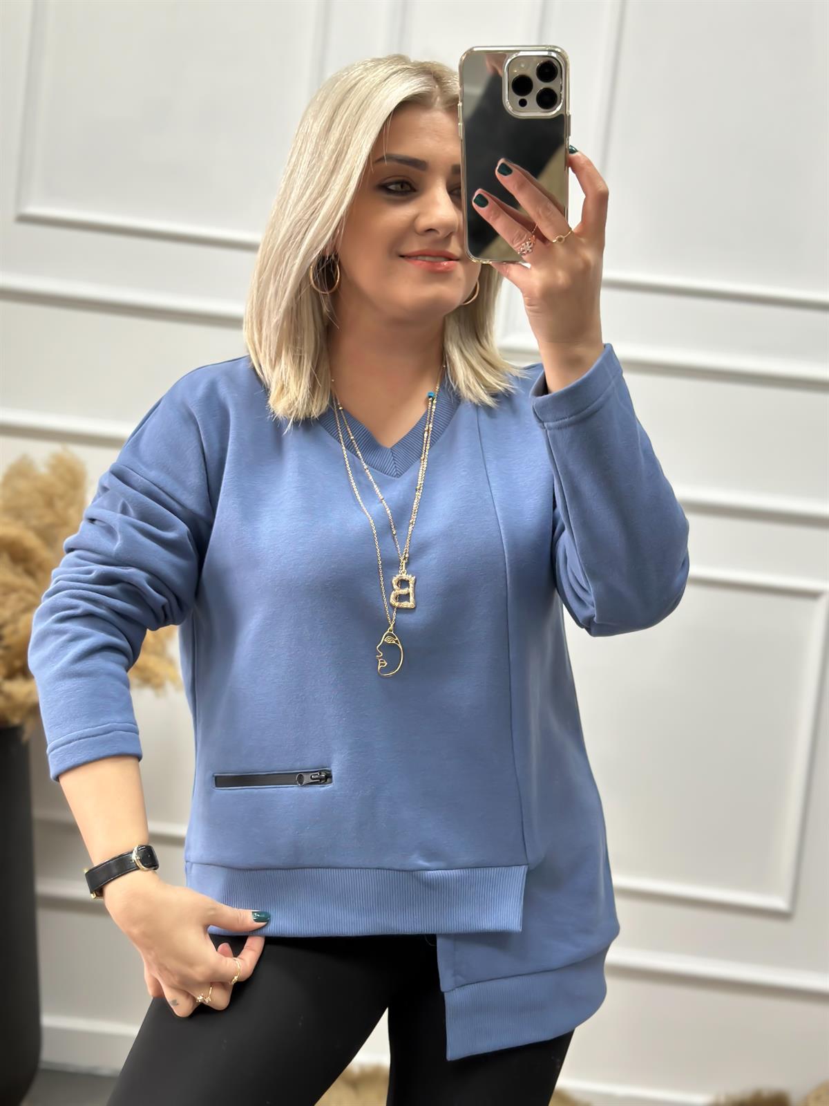 V Yaka Cepli Asimetrik Sweatshırt İNDİGO