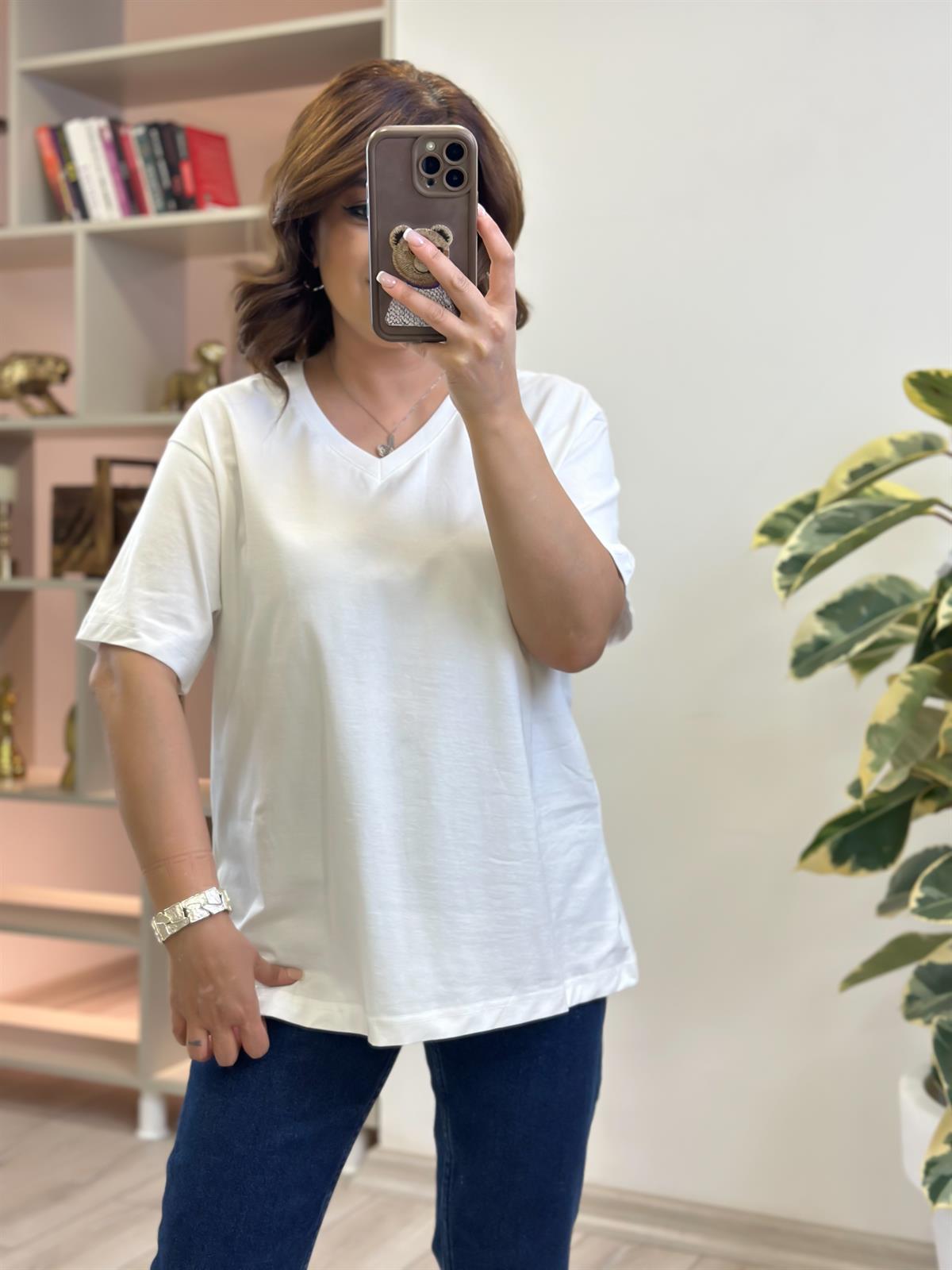 V yaka Pamuklu Tshirt BEYAZ