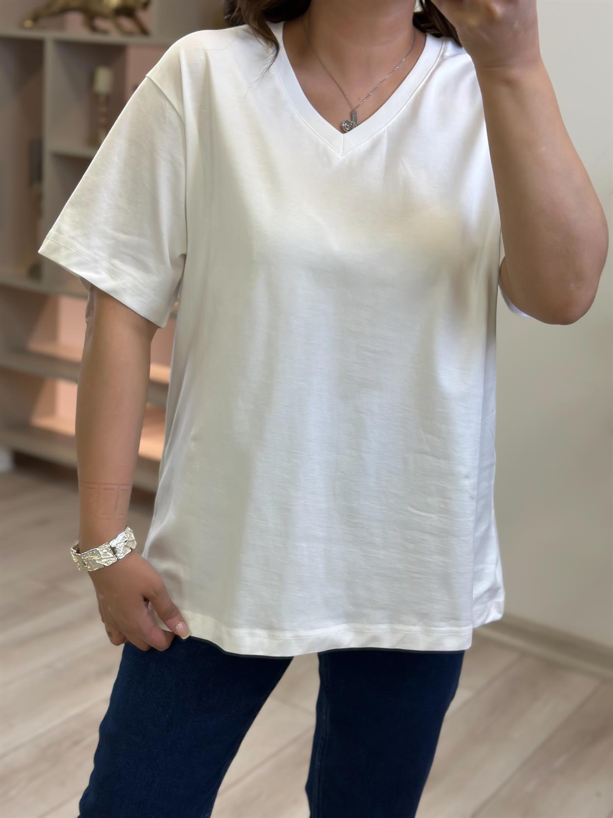 V yaka Pamuklu Tshirt BEYAZ