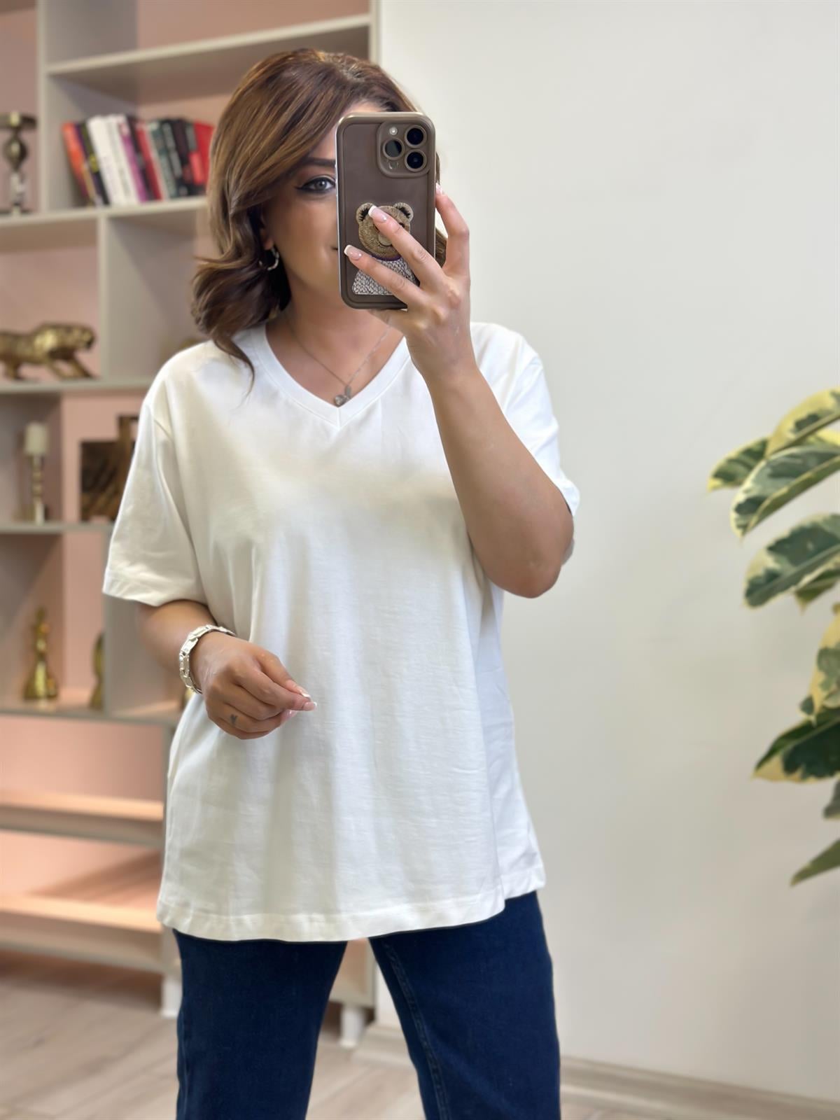 V yaka Pamuklu Tshirt BEYAZ