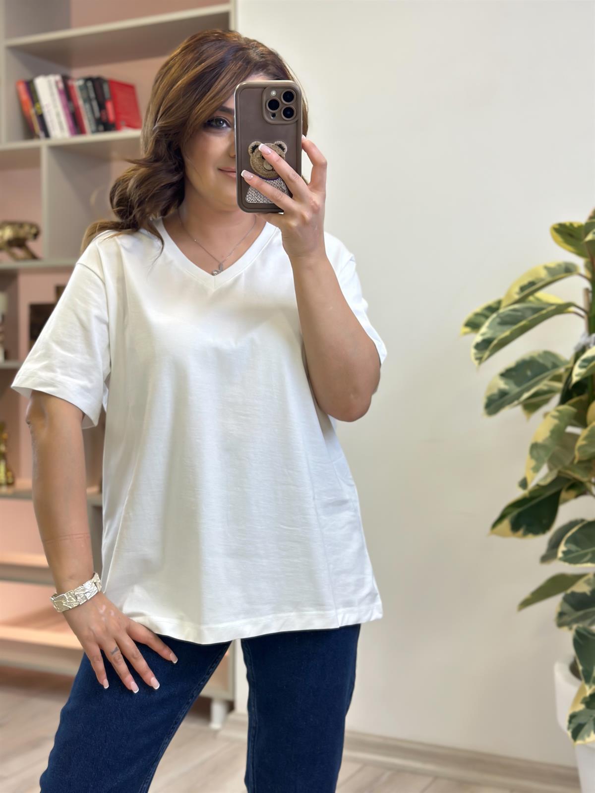 V yaka Pamuklu Tshirt BEYAZ