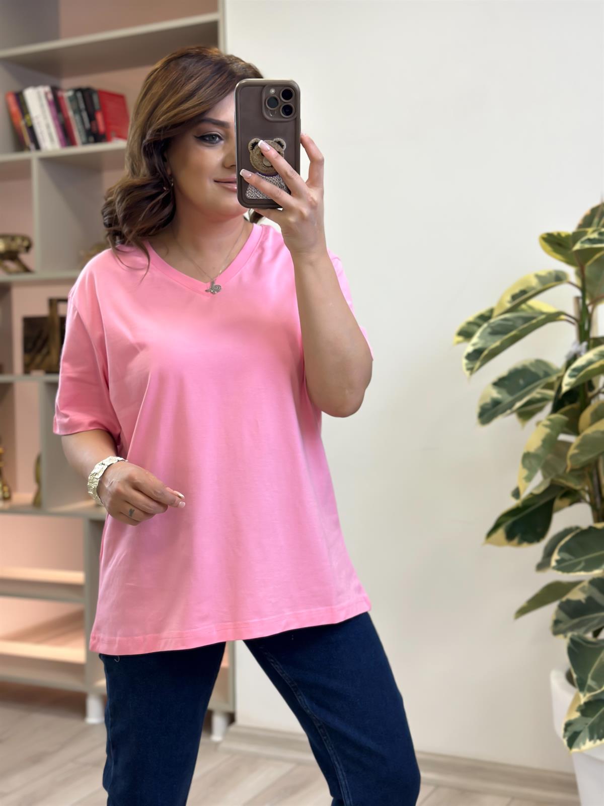 V yaka Pamuklu Tshirt PEMBE