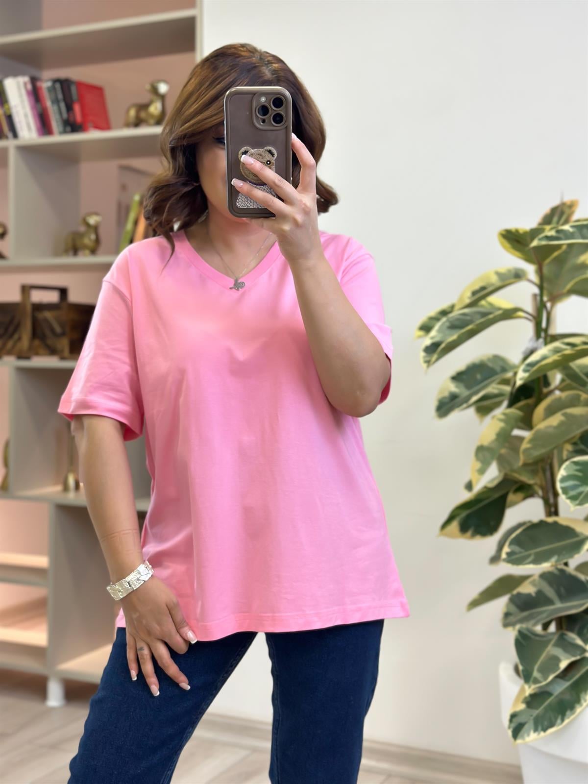 V yaka Pamuklu Tshirt PEMBE