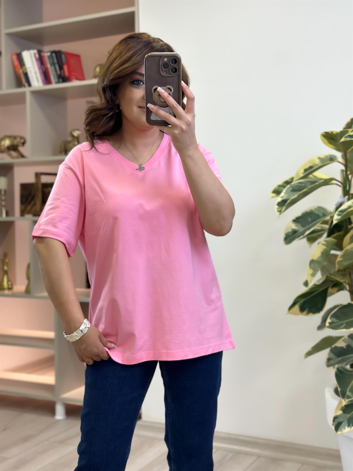 V yaka Pamuklu Tshirt PEMBE