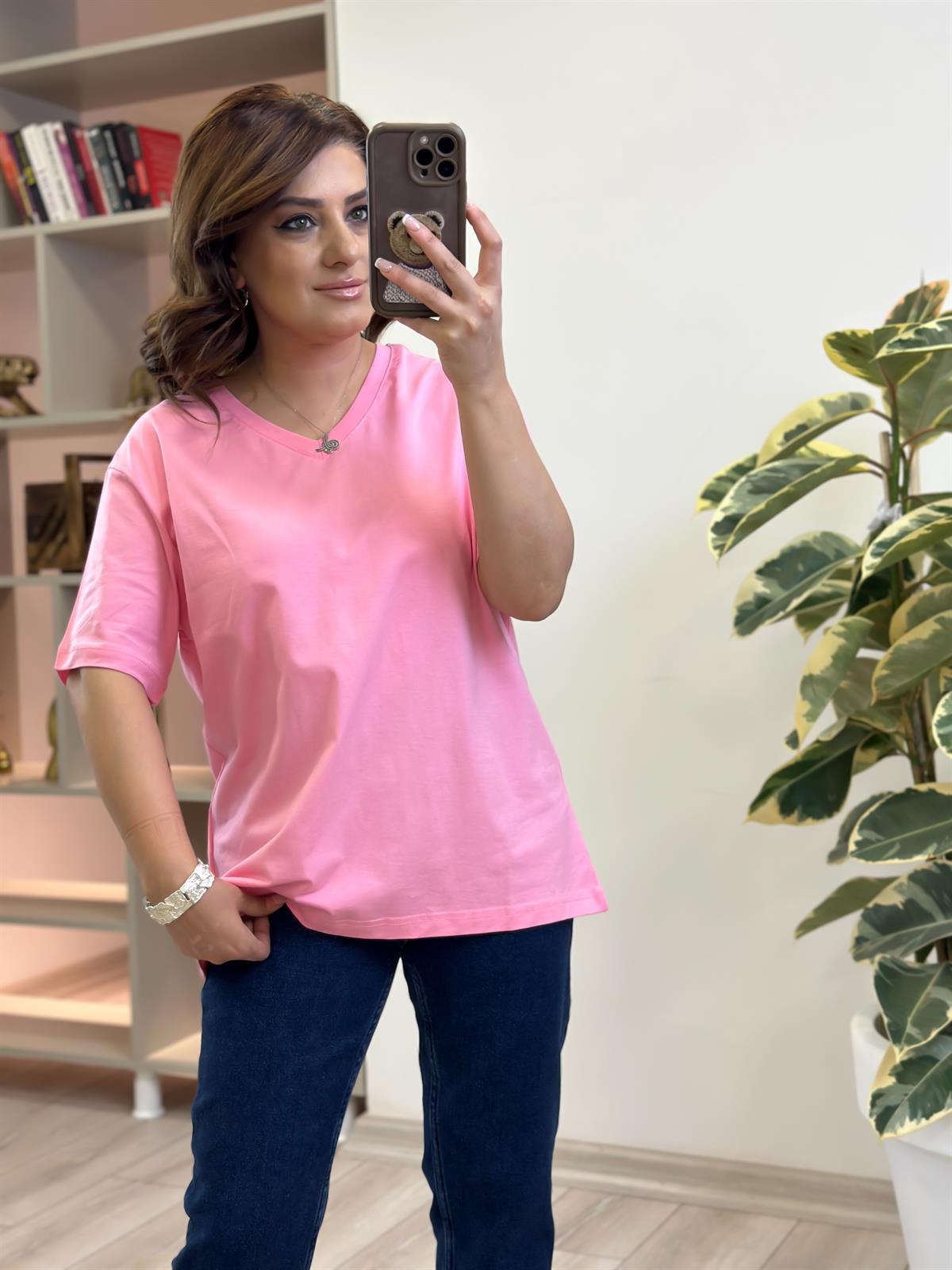 V yaka Pamuklu Tshirt PEMBE