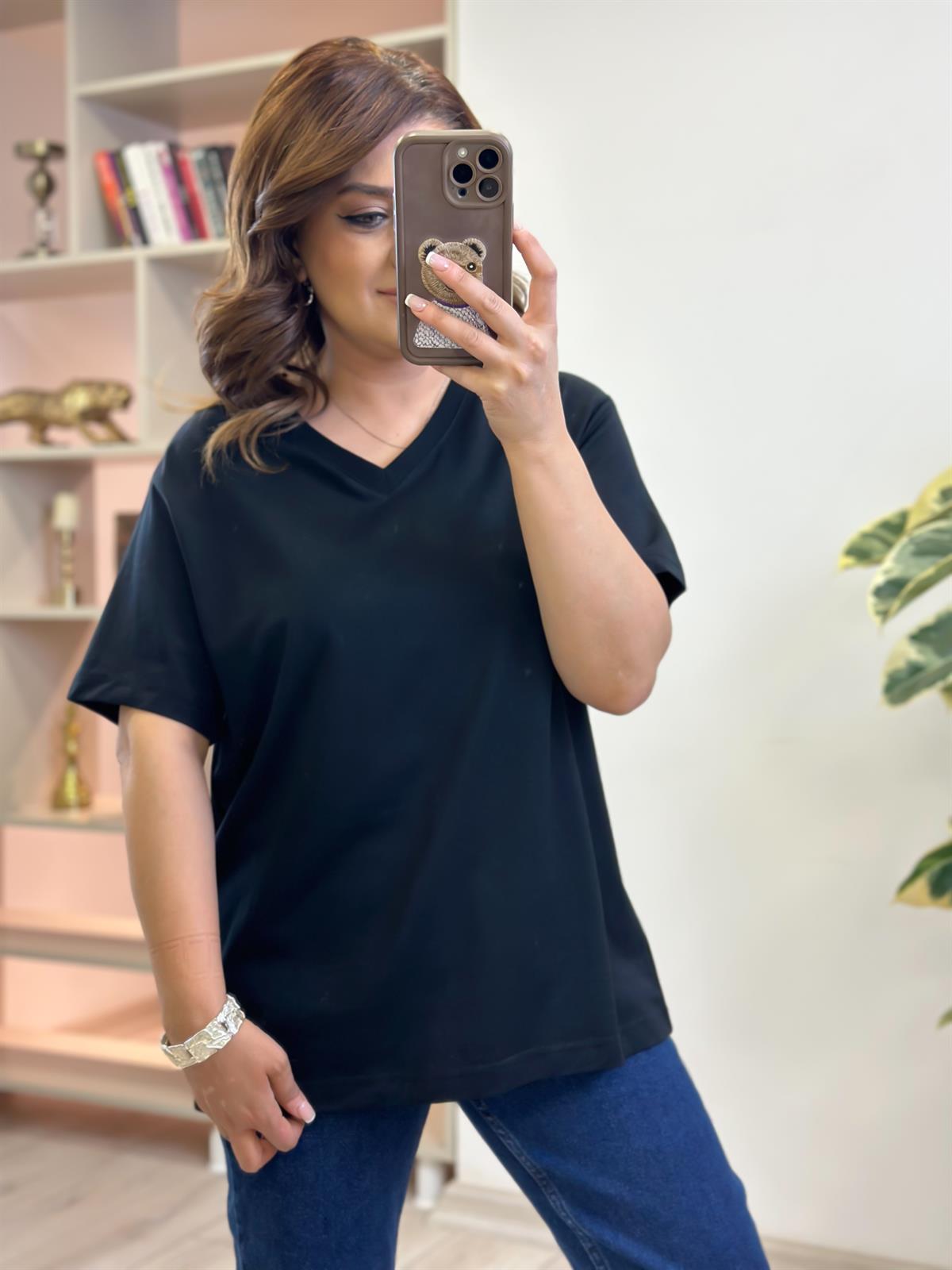 V yaka Pamuklu Tshirt SİYAH