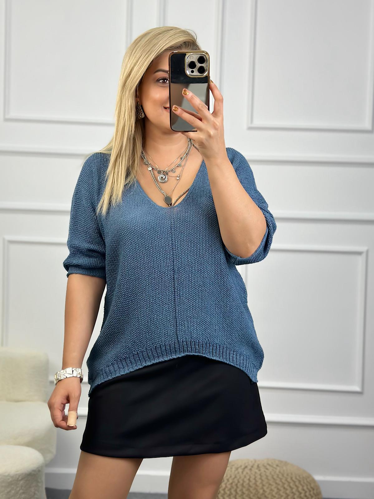 V Yaka Yarasa Kol Merserize Triko İNDİGO