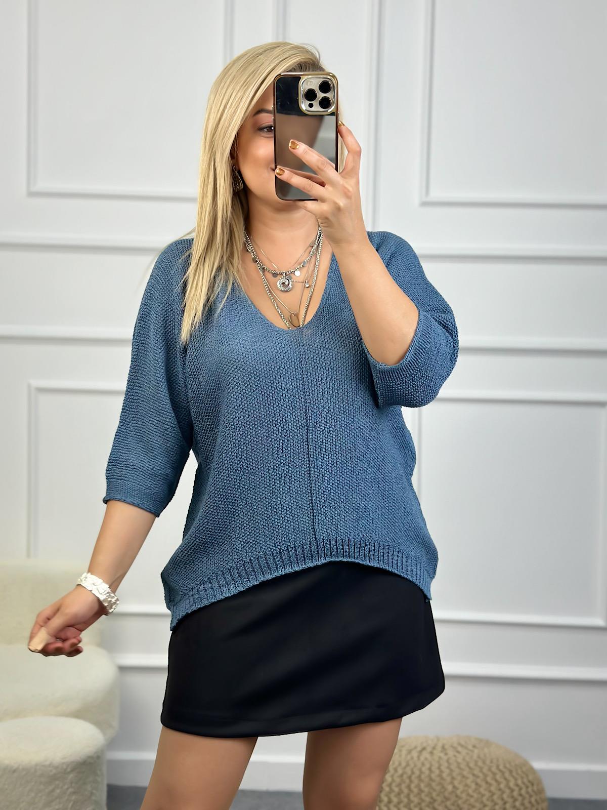 V Yaka Yarasa Kol Merserize Triko İNDİGO