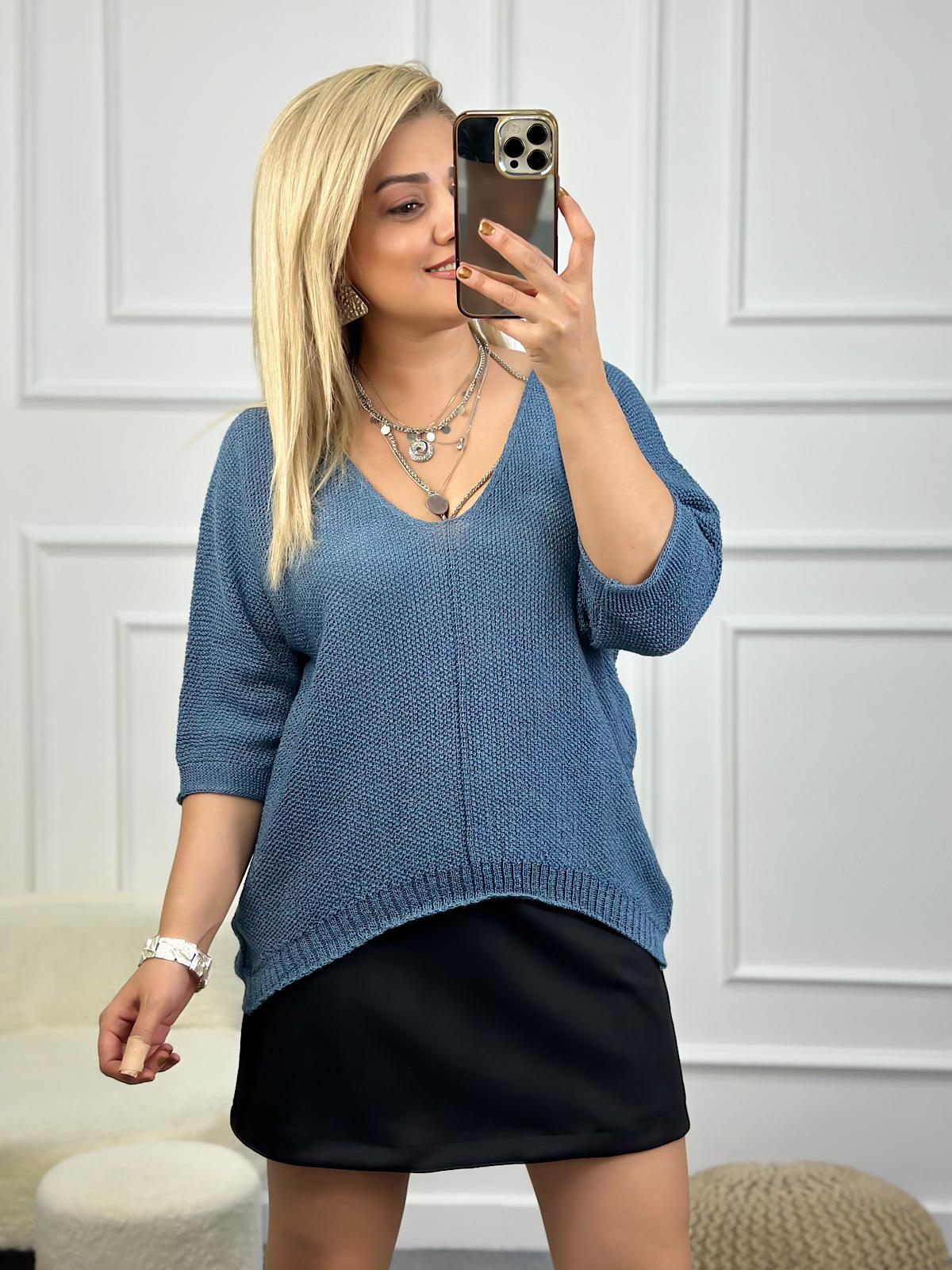 V Yaka Yarasa Kol Merserize Triko İNDİGO