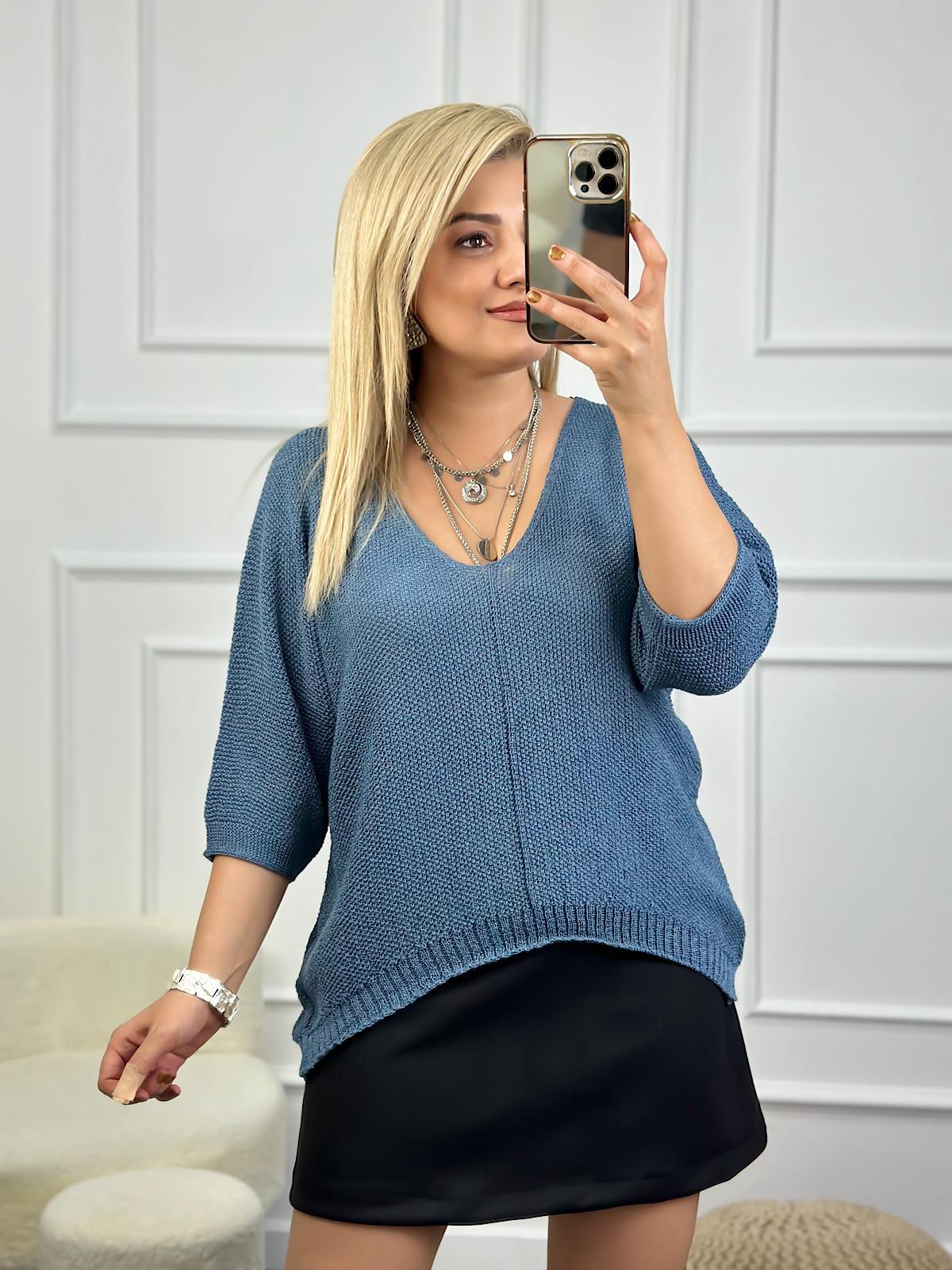 V Yaka Yarasa Kol Merserize Triko İNDİGO