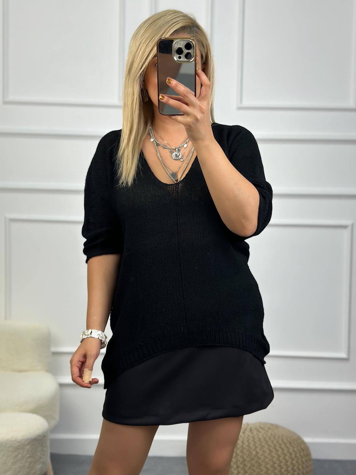 V Yaka Yarasa Kol Merserize Triko SİYAH