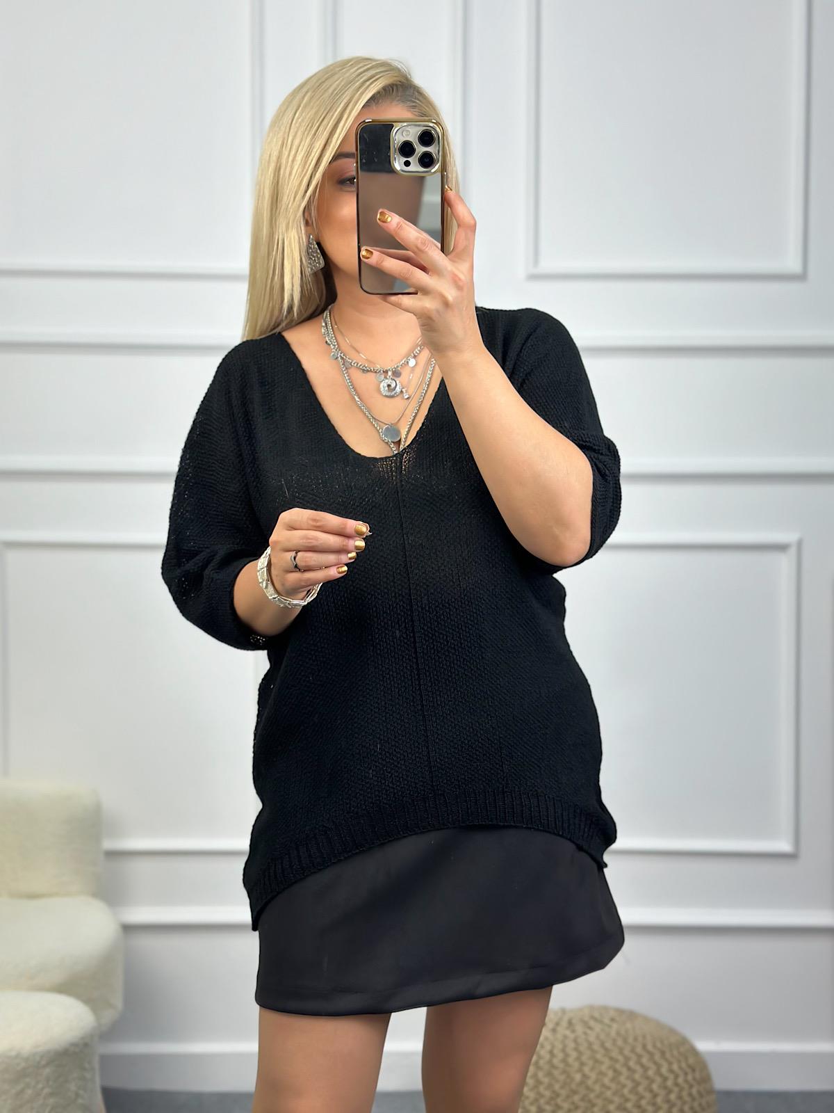 V Yaka Yarasa Kol Merserize Triko SİYAH