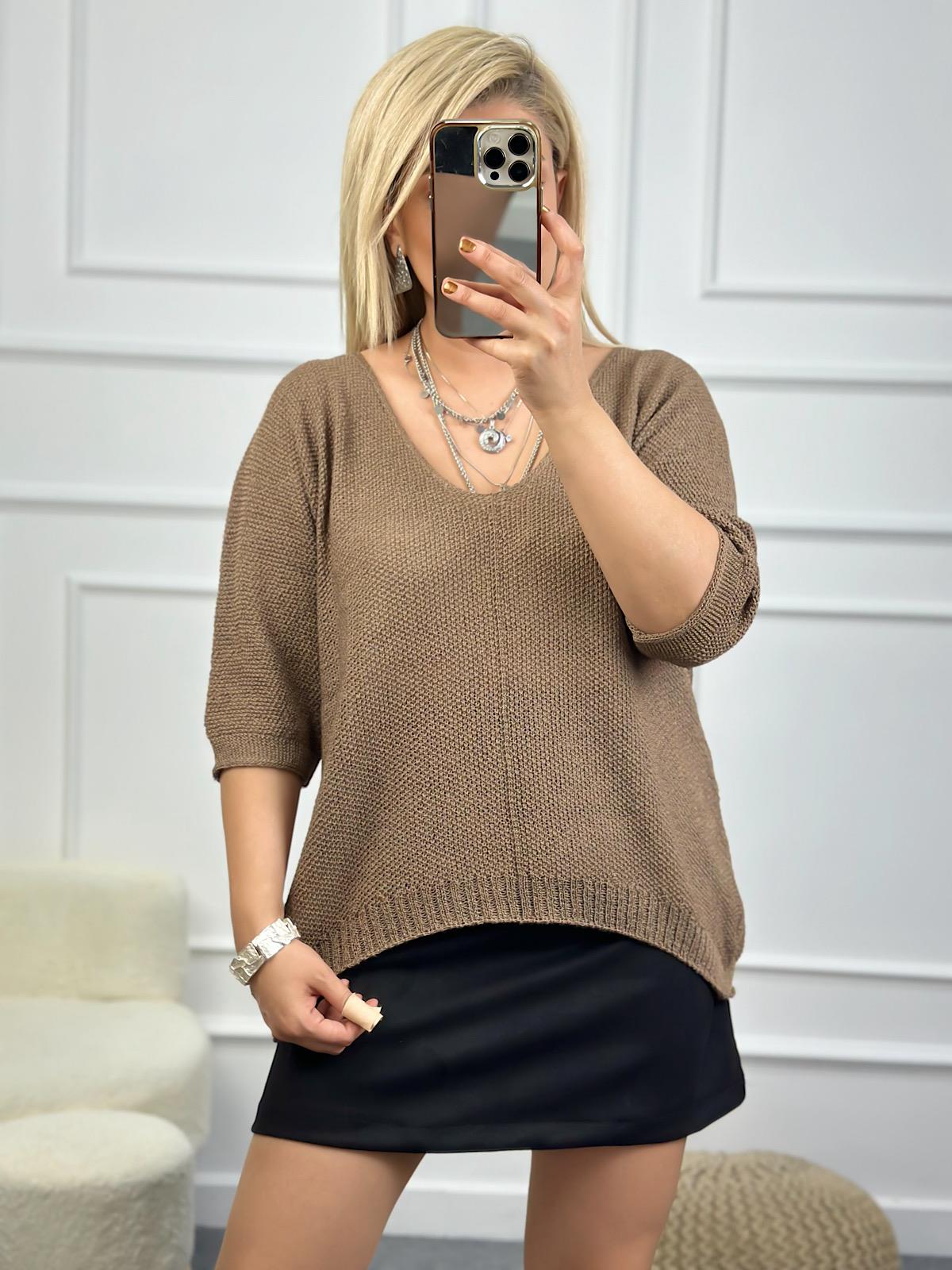 V Yaka Yarasa Kol Merserize Triko VİZON