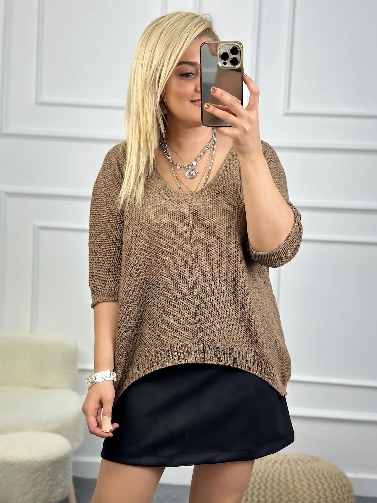 V Yaka Yarasa Kol Merserize Triko VİZON