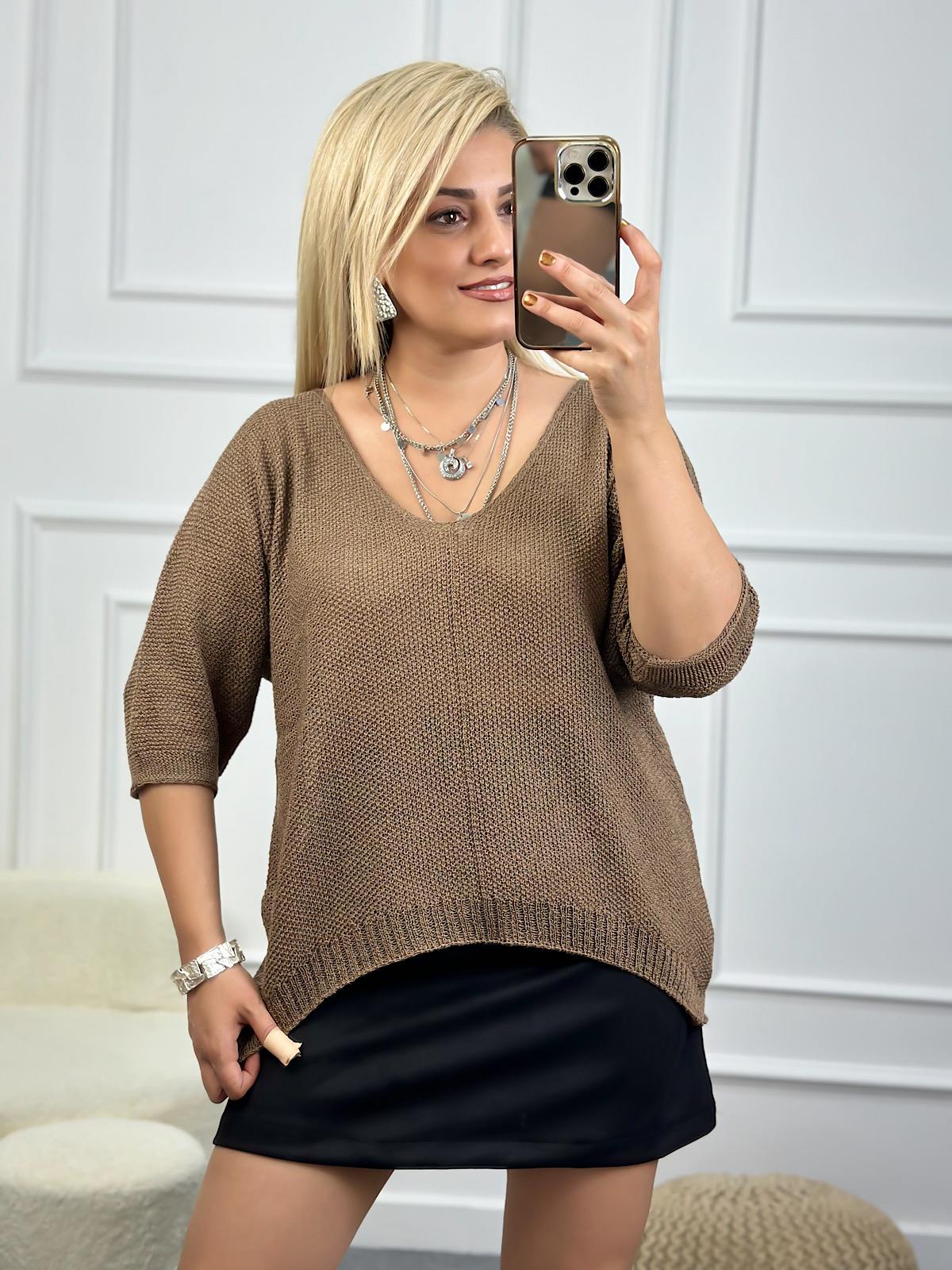 V Yaka Yarasa Kol Merserize Triko VİZON