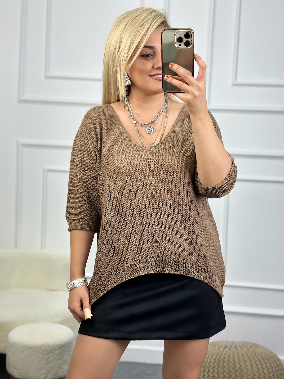 V Yaka Yarasa Kol Merserize Triko VİZON