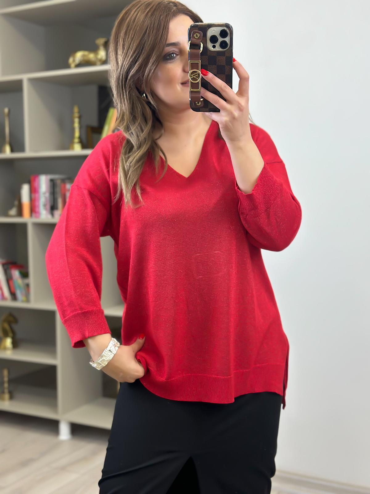 V Yaka Yarım Kol Simli Triko KIRMIZI