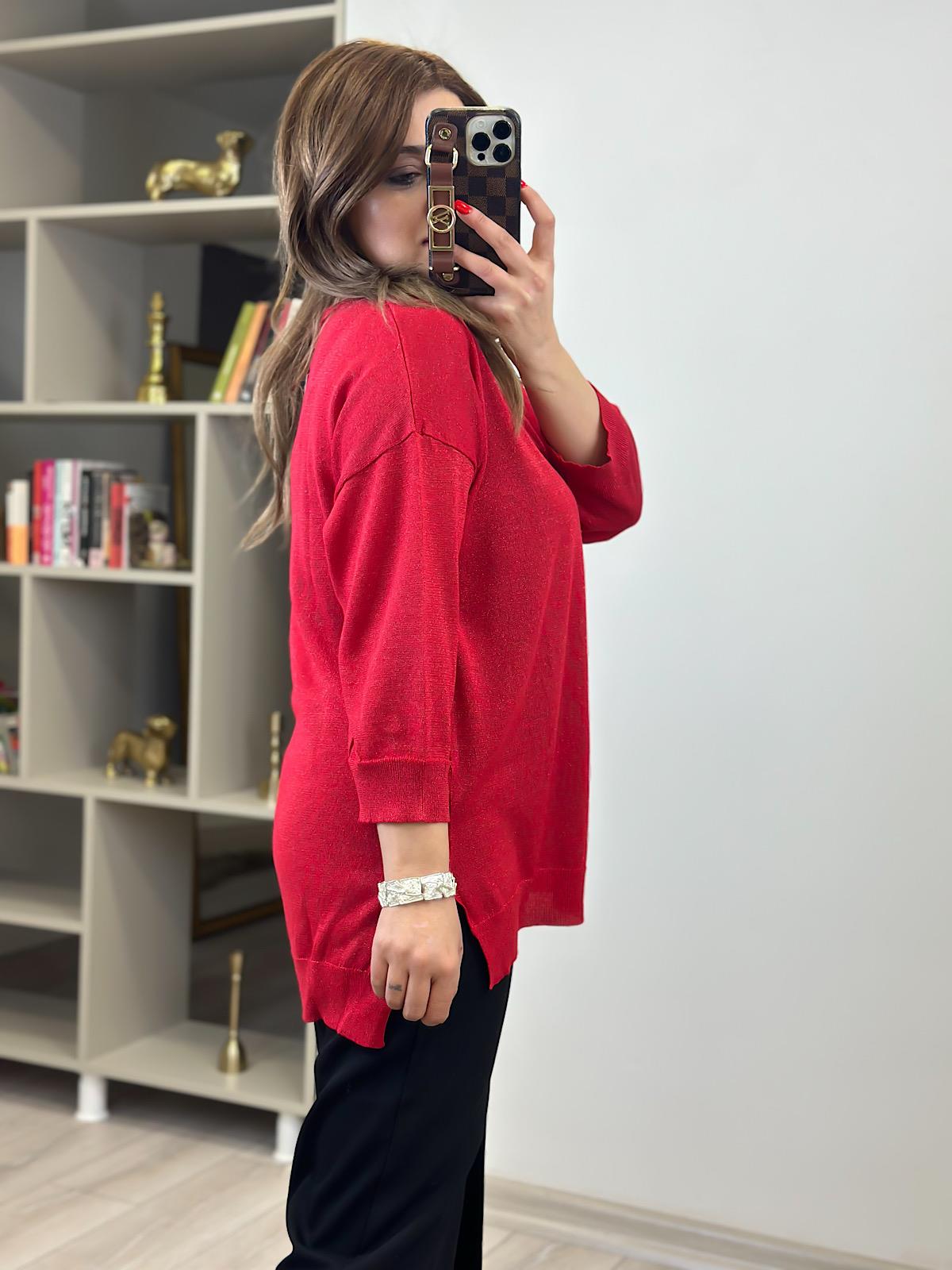 V Yaka Yarım Kol Simli Triko KIRMIZI