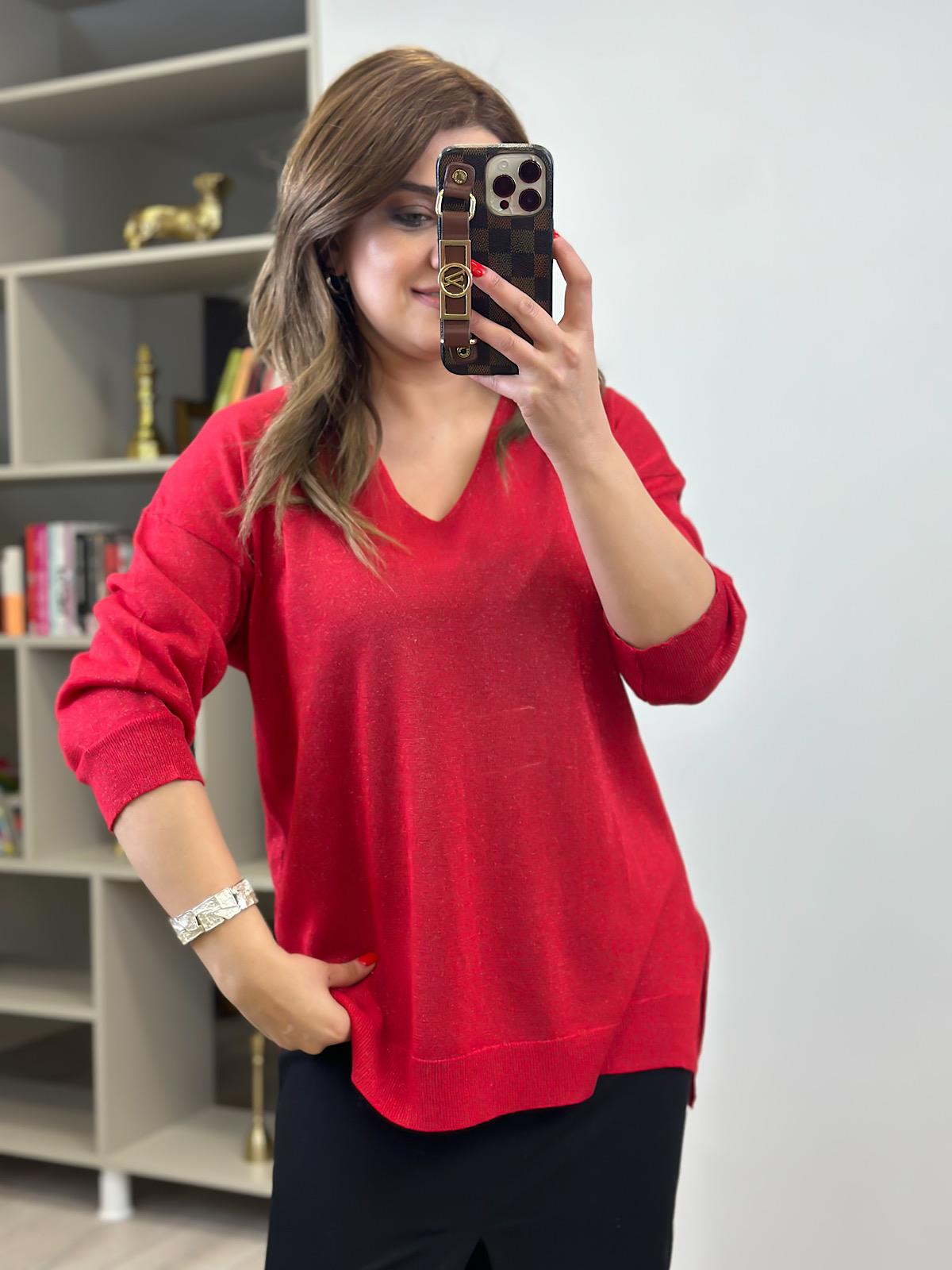 V Yaka Yarım Kol Simli Triko KIRMIZI