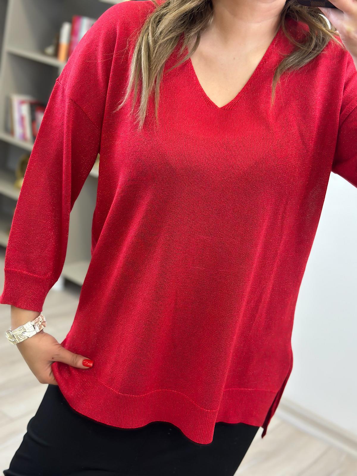 V Yaka Yarım Kol Simli Triko KIRMIZI