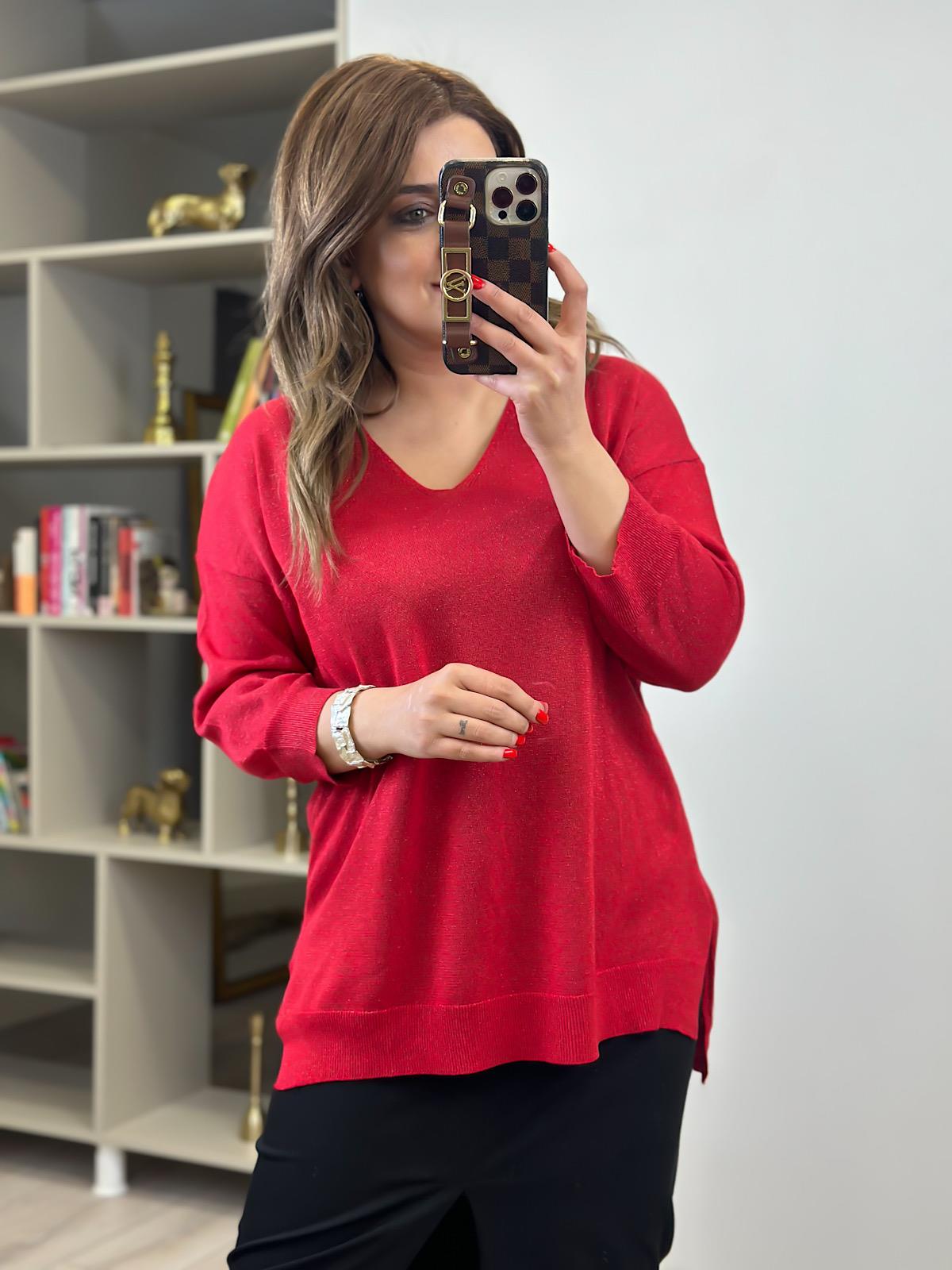 V Yaka Yarım Kol Simli Triko KIRMIZI