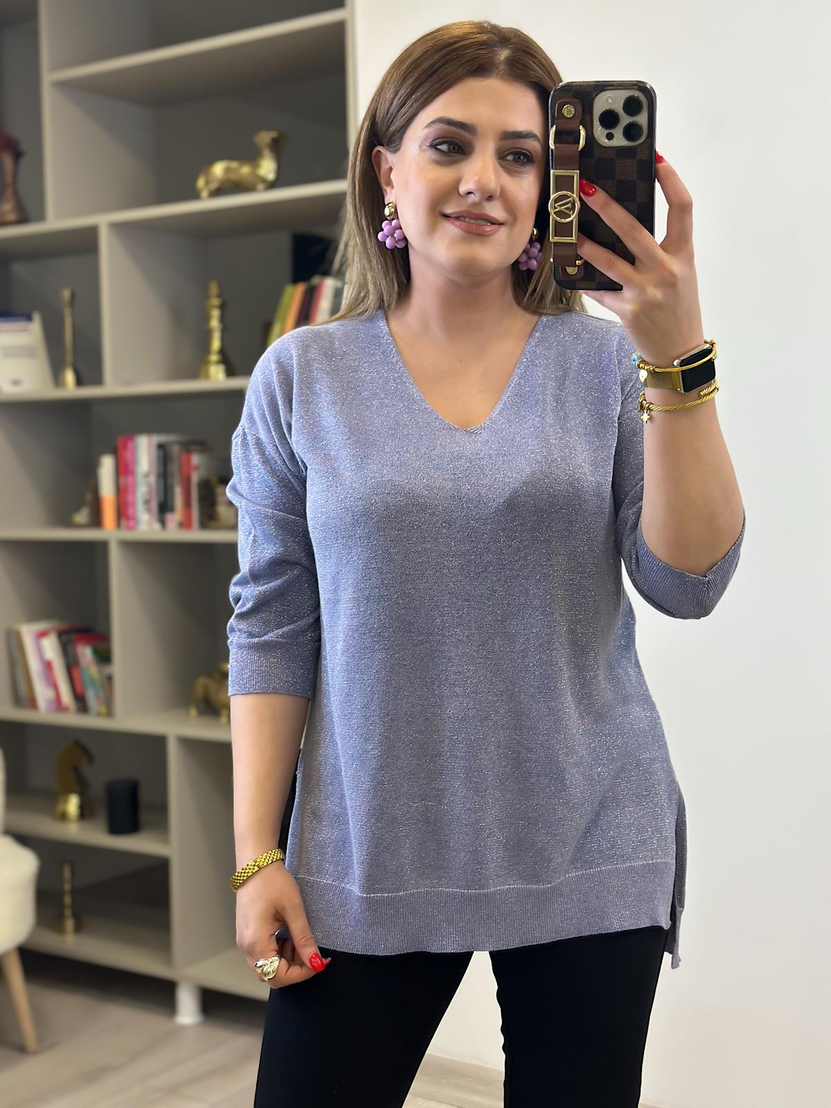 V Yaka Yarım Kol Simli Triko LİLA