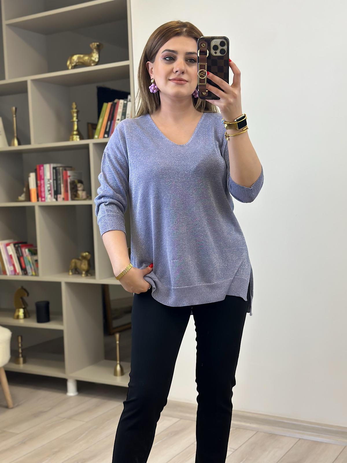 V Yaka Yarım Kol Simli Triko LİLA