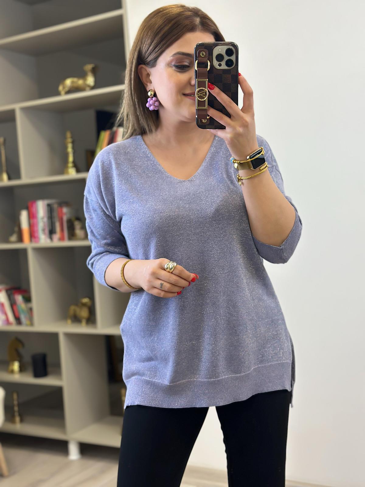 V Yaka Yarım Kol Simli Triko LİLA