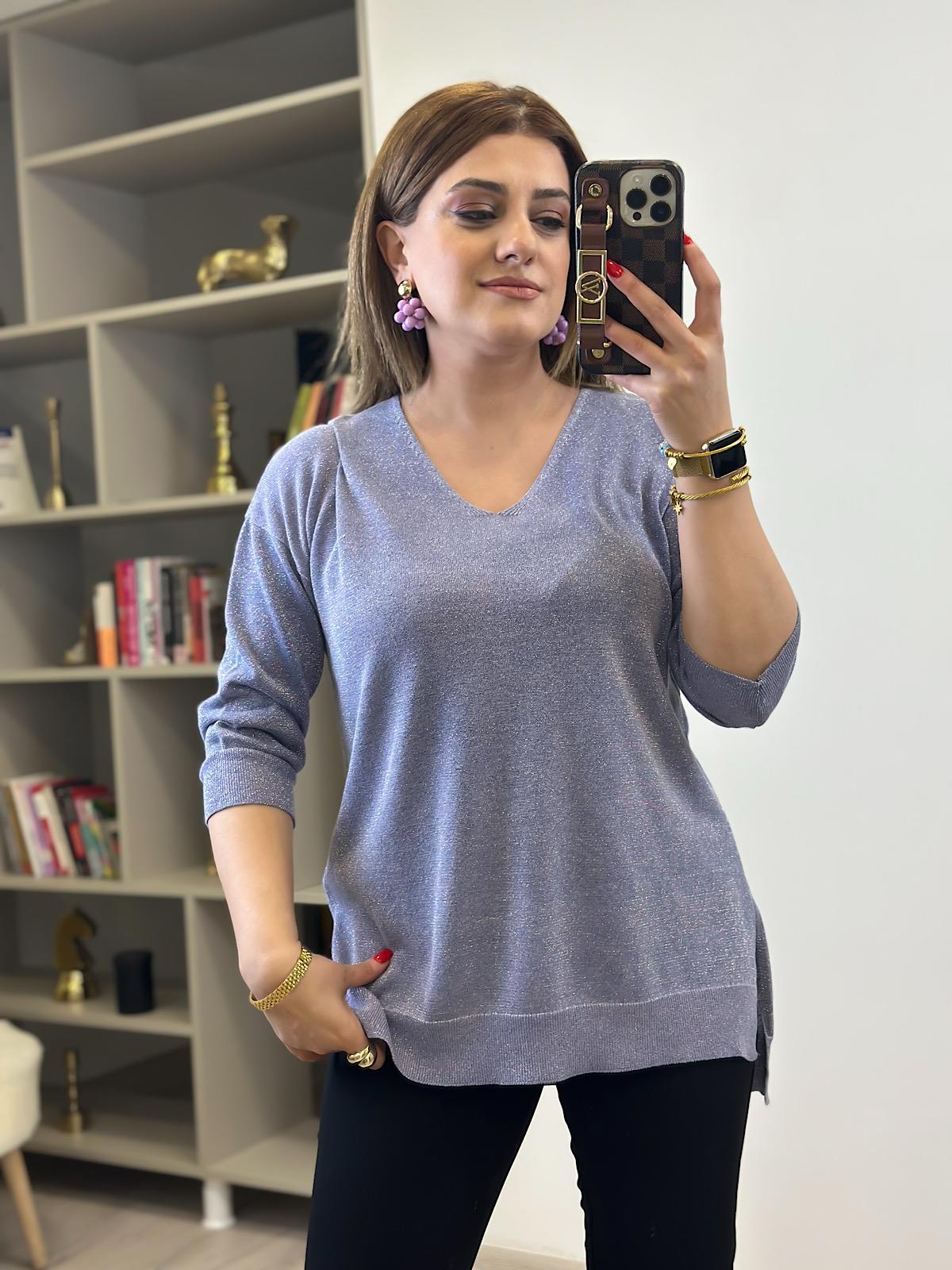 V Yaka Yarım Kol Simli Triko LİLA