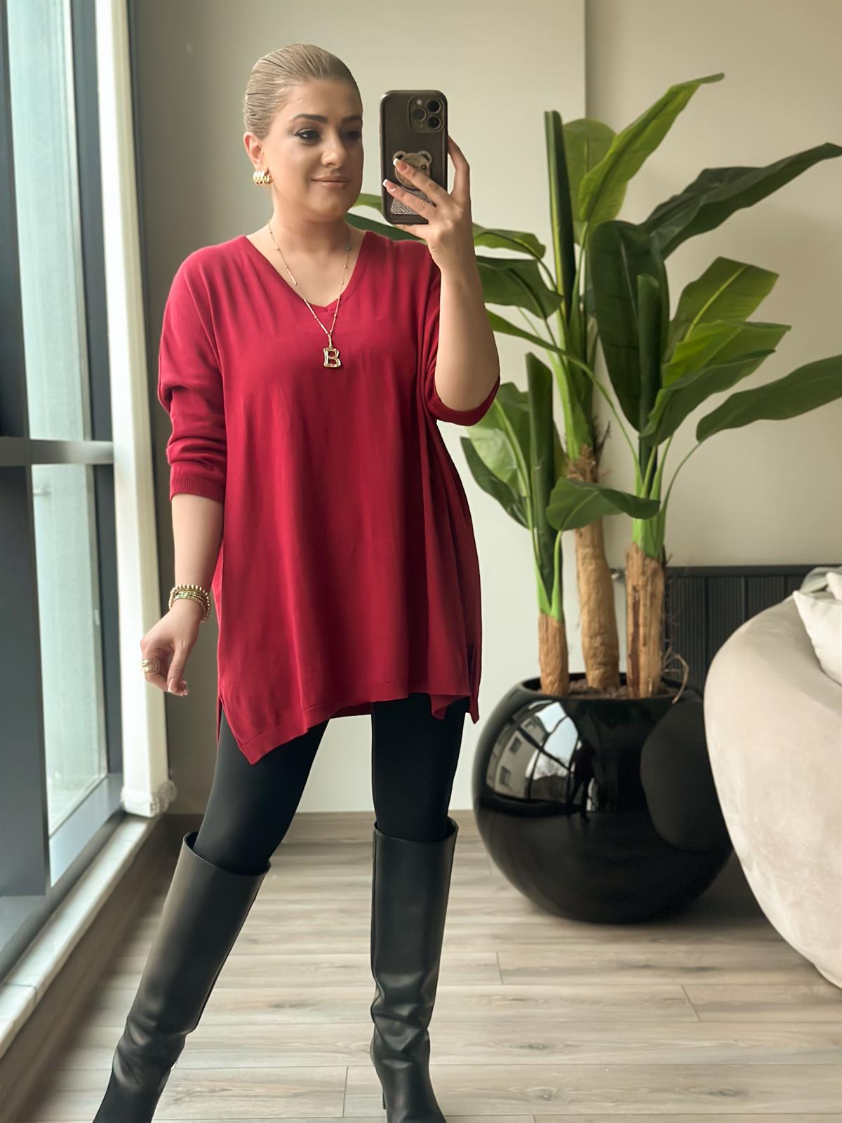 V Yaka Yarım Kol Triko BORDO