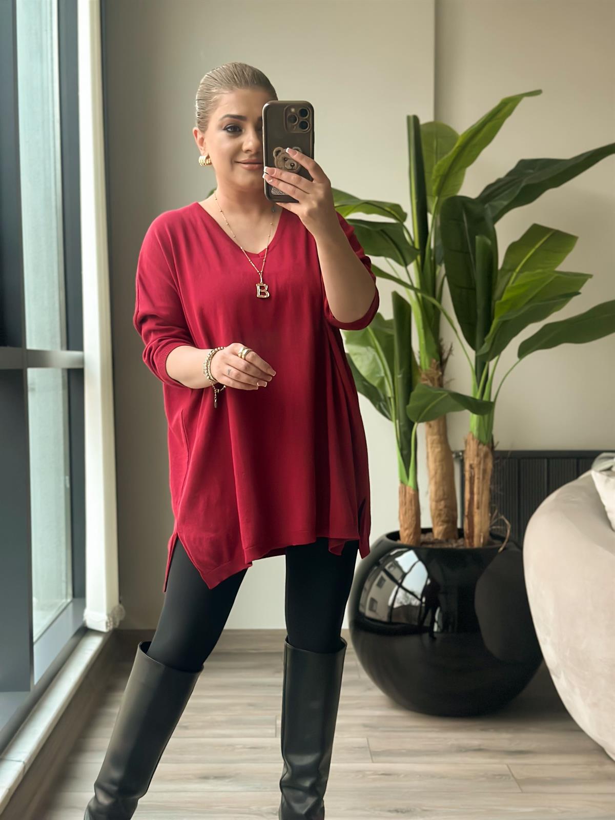 V Yaka Yarım Kol Triko BORDO