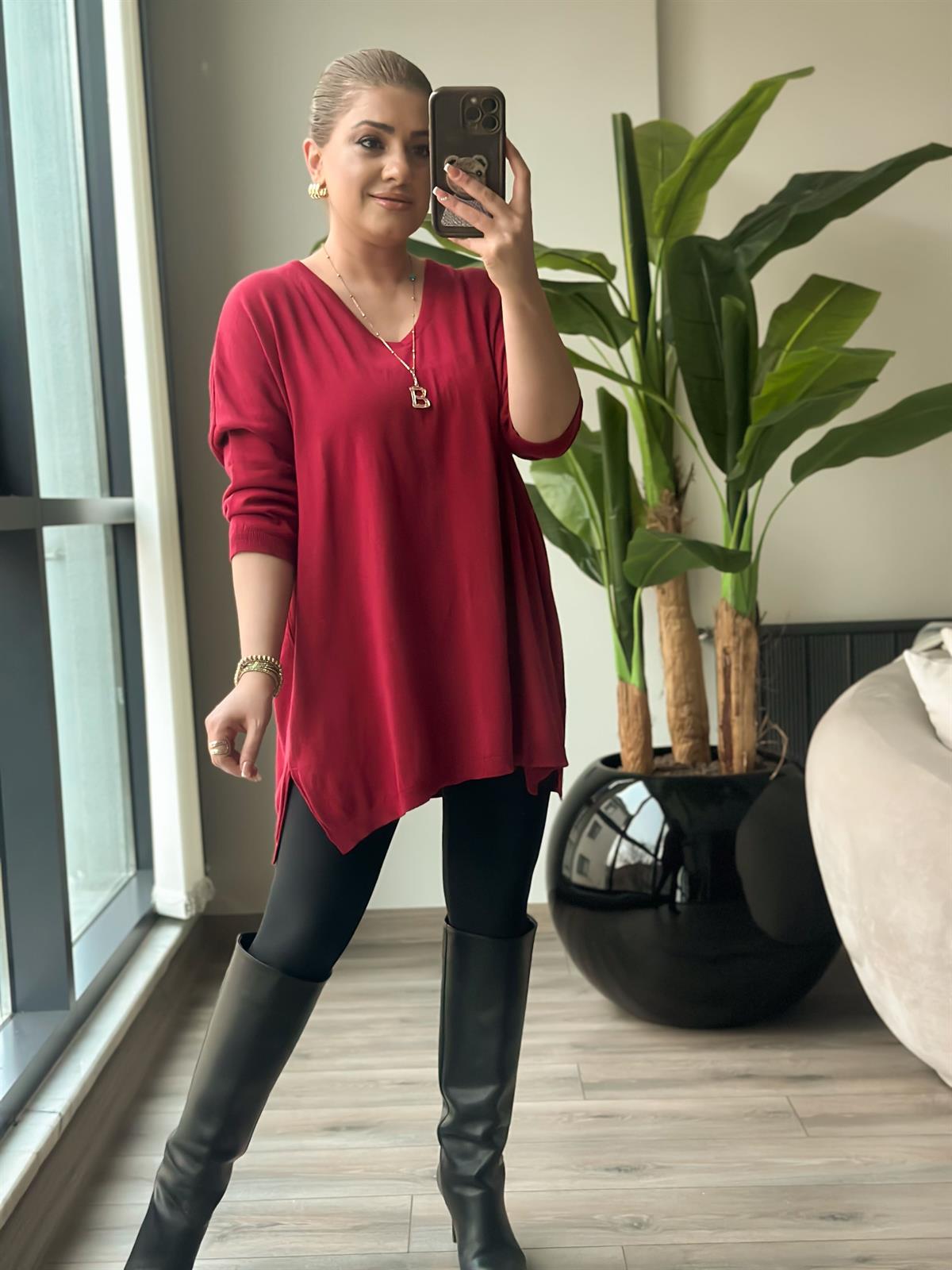 V Yaka Yarım Kol Triko BORDO