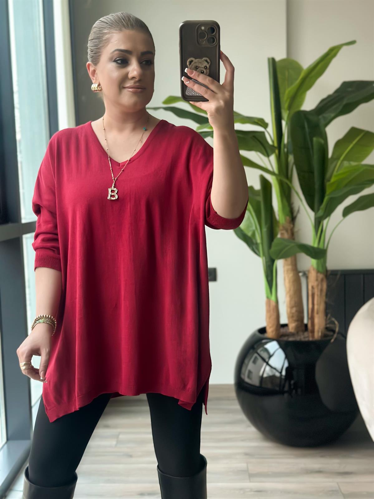 V Yaka Yarım Kol Triko BORDO