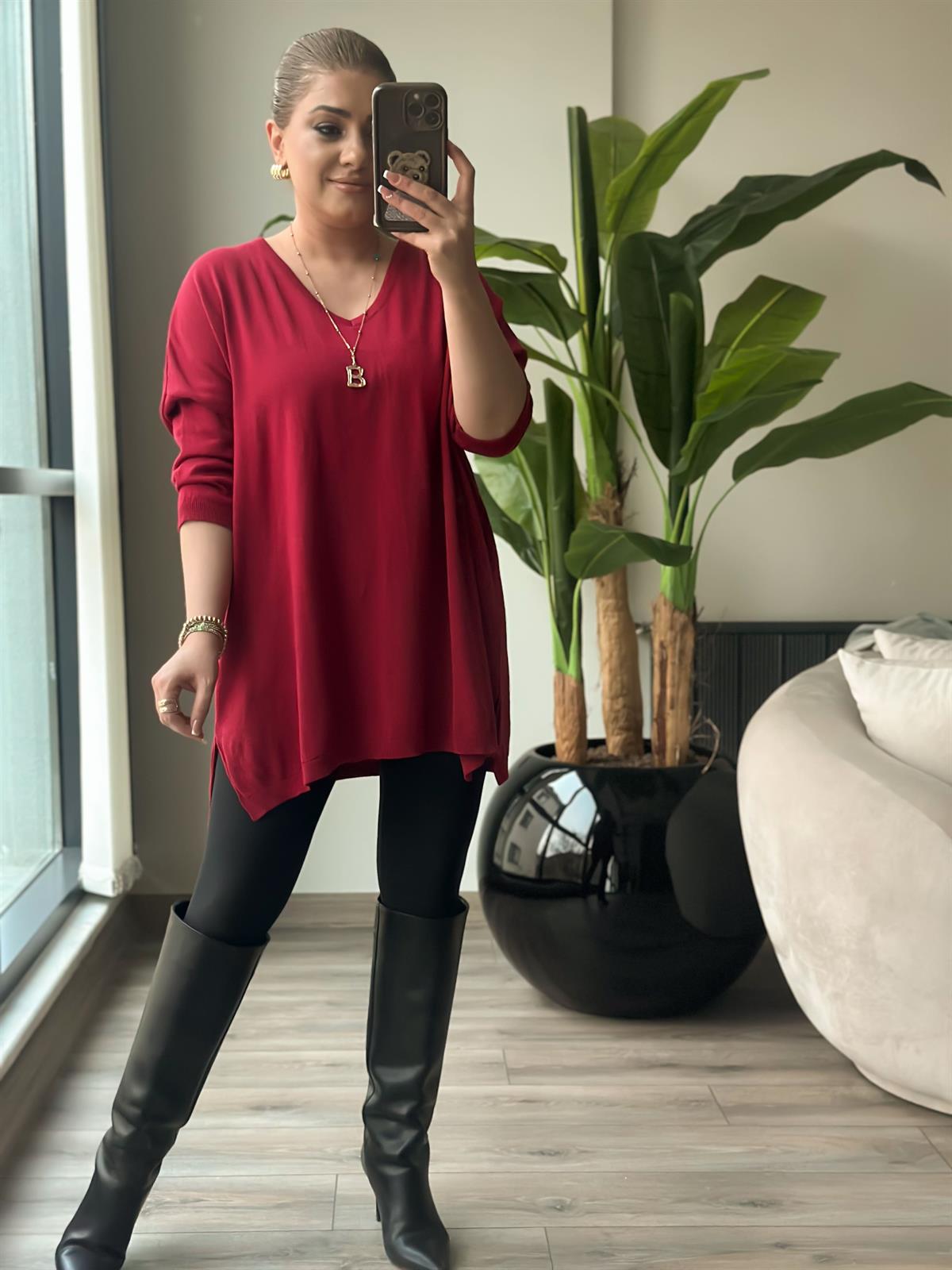 V Yaka Yarım Kol Triko BORDO