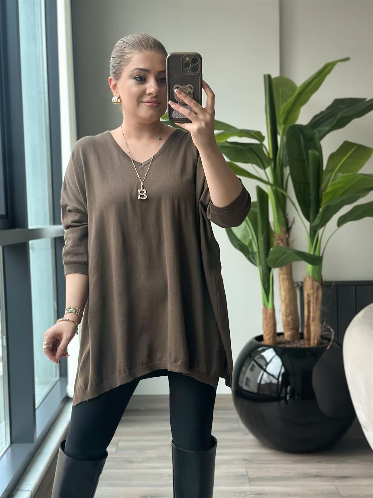 V Yaka Yarım Kol Triko KAHVE