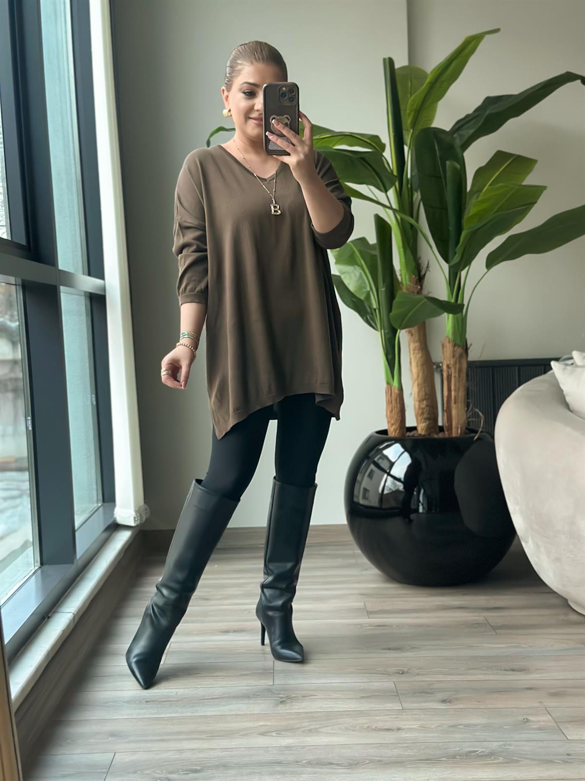 V Yaka Yarım Kol Triko KAHVE