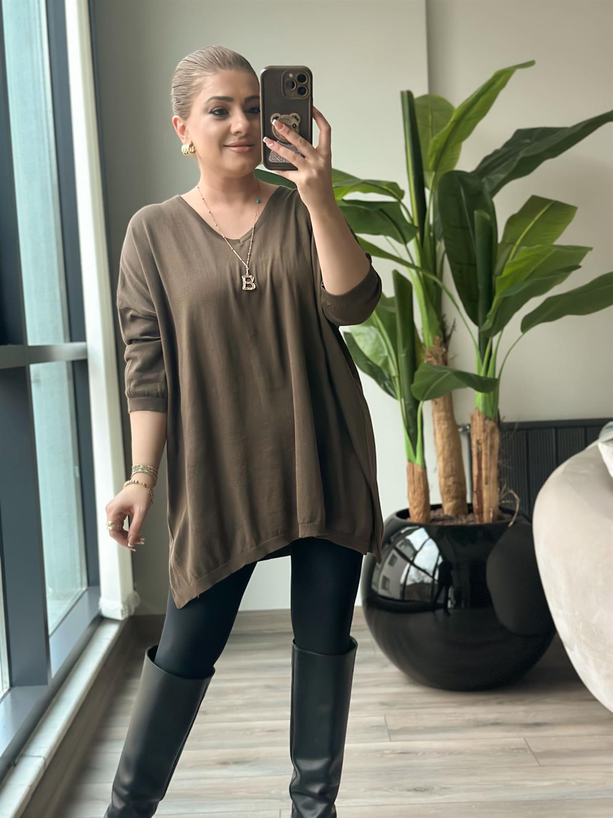 V Yaka Yarım Kol Triko KAHVE